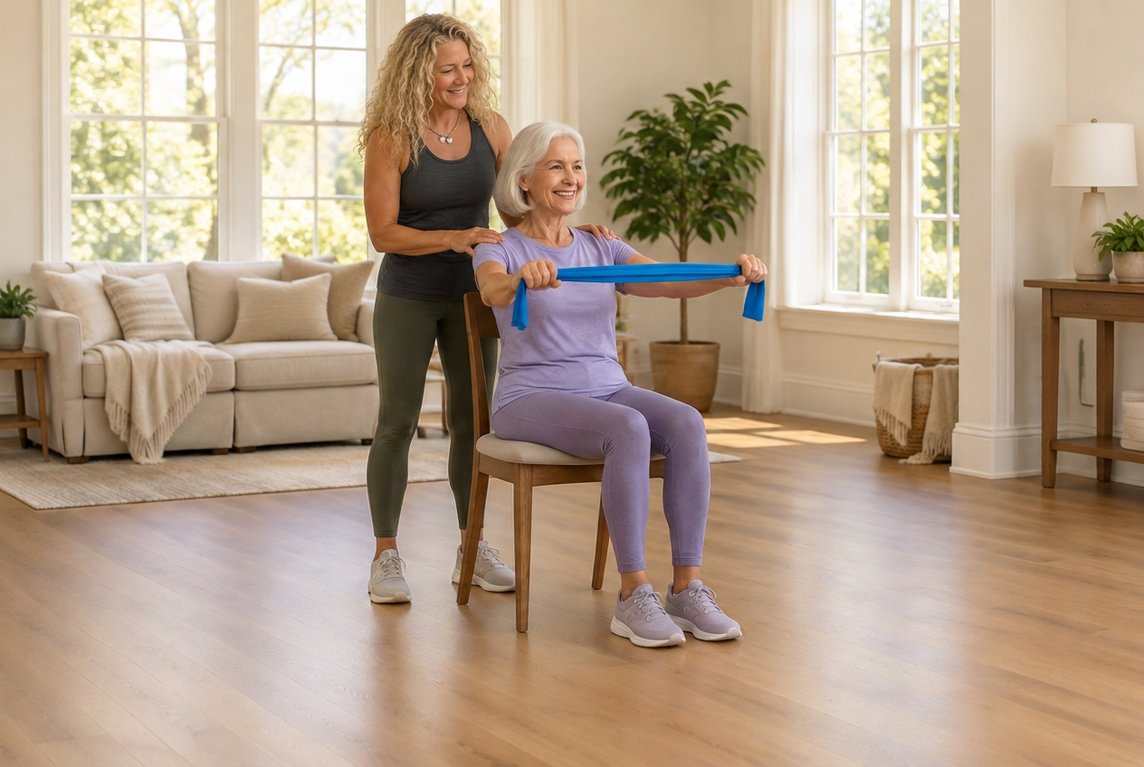 Leslee coaching a client through a resistance-band exercise in a bright home living room
