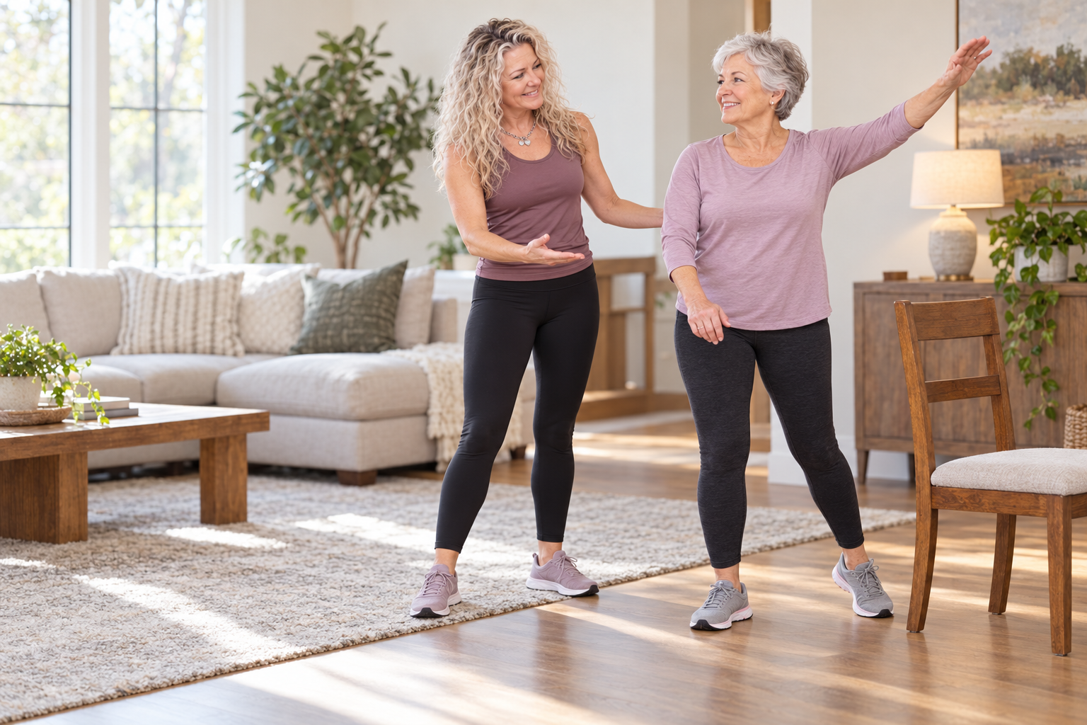 Leslee guiding a gentle workout in a bright home living room