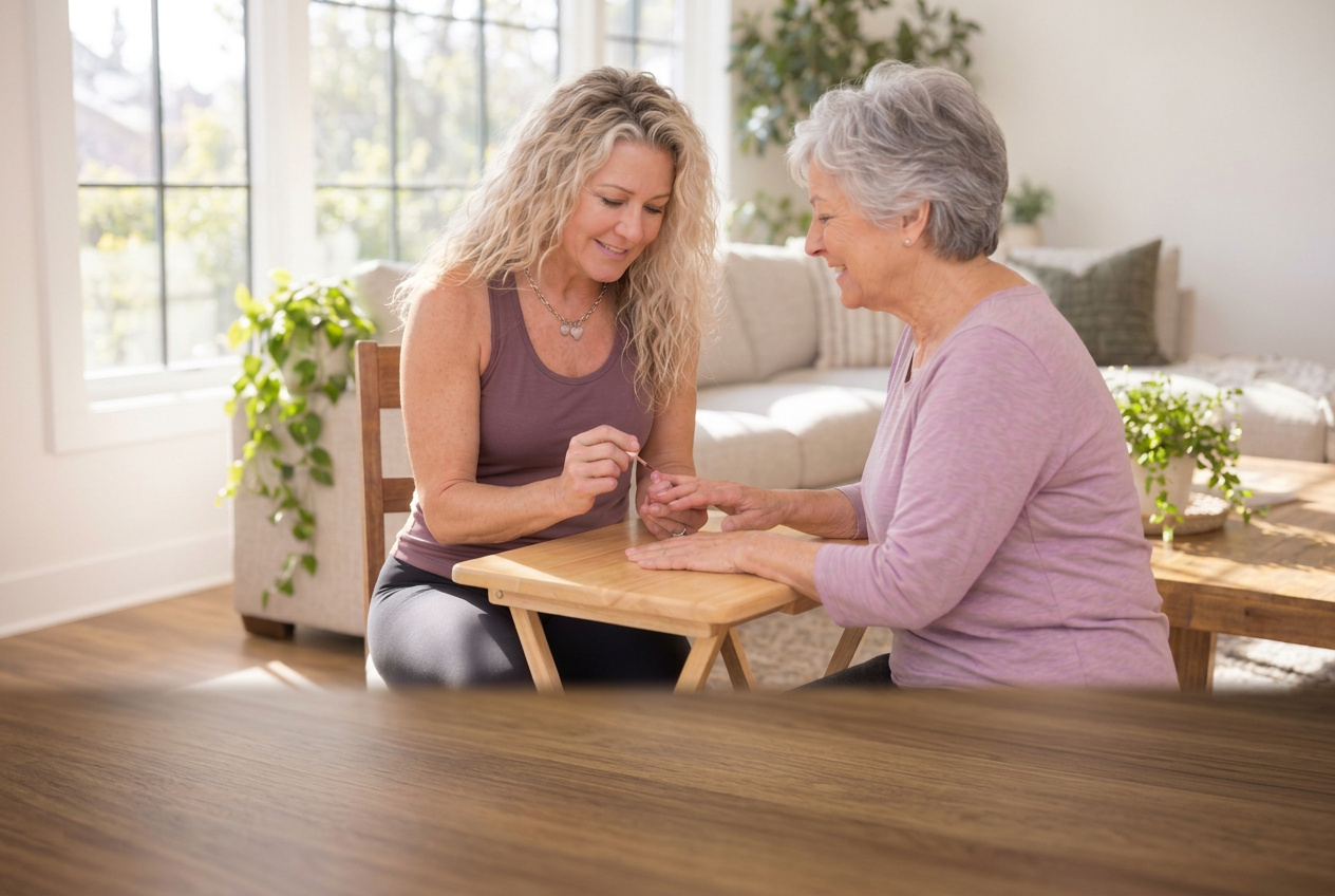 Leslee giving a client a manicure in a bright home living room